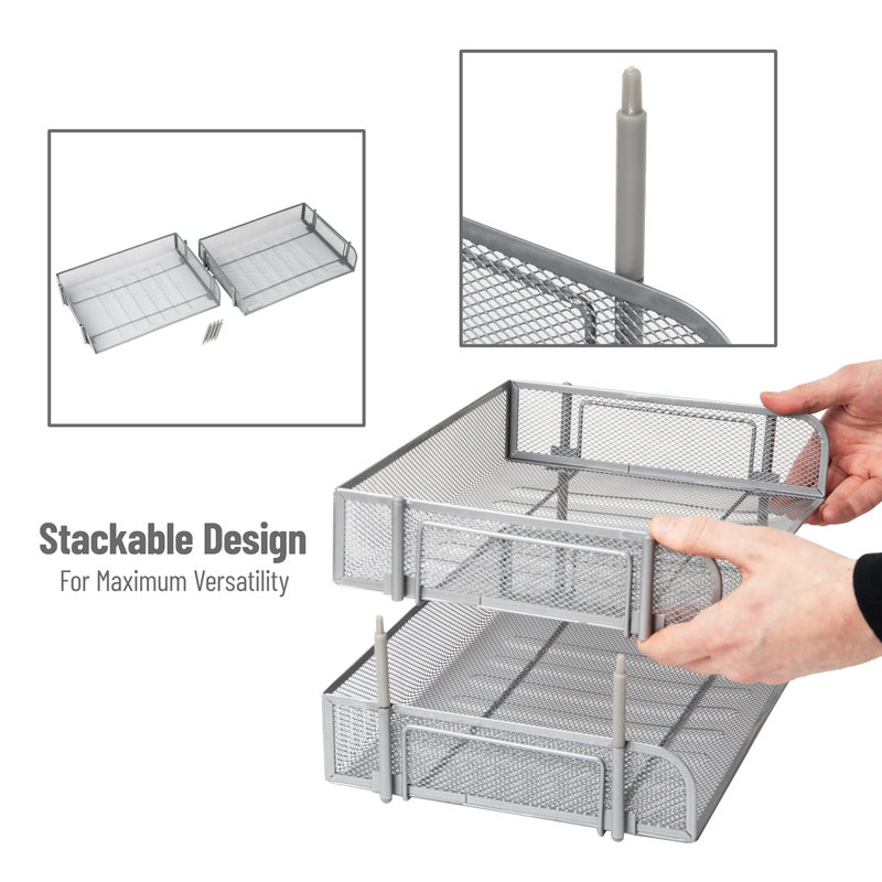 Mind Reader Stackable Paper Tray, Desktop Organizer, File Storage, Office, Metal Mesh, 13.5" L x 10" W x 7.25" H, 2 Pcs., Silver - Image 4